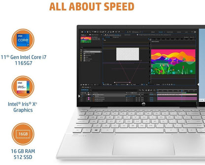एचपी पवेलियन इंटेल कोर i7 11वीं पीढ़ी - (16 जीबी/512 जीबी एसएसडी/विंडोज 10 होम) 14-dy0050TU पतला और हल्का लैपटॉप - 14 इंच, नेचुरल सिल्वर, 1.52 किलोग्राम, एमएस ऑफिस के साथ