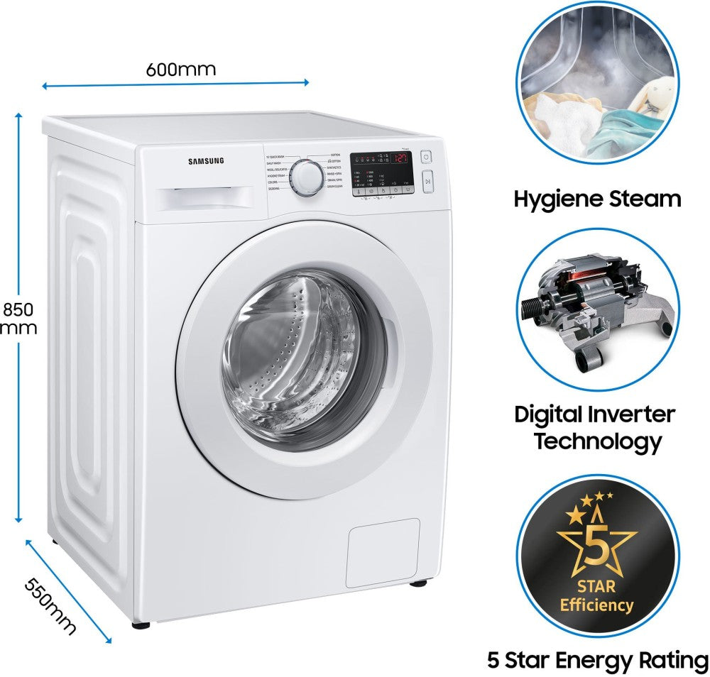 SAMSUNG 7 kg 5 Star With Hygiene Steam and Digital Inverter Fully Automatic Front Load Washing Machine with In-built Heater White - WW70T4020EE1TL