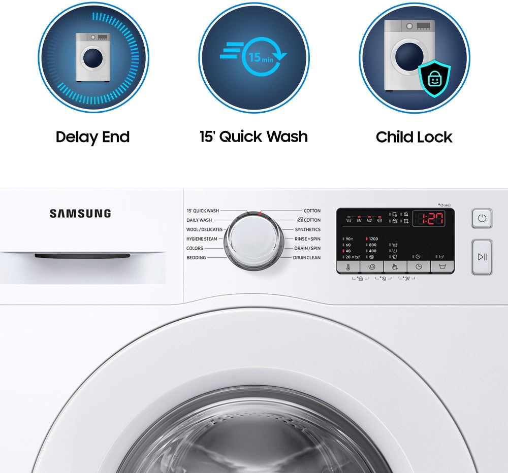 SAMSUNG 7 kg 5 Star With Hygiene Steam and Digital Inverter Fully Automatic Front Load Washing Machine with In-built Heater White - WW70T4020EE1TL