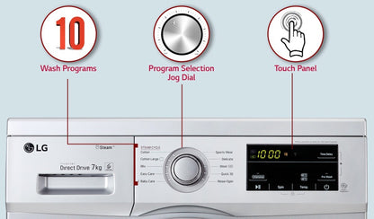 LG 7 kg स्टीम फुली ऑटोमैटिक फ्रंट लोड वाशिंग मशीन इन-बिल्ट हीटर सिल्वर - FHM1207SDL के साथ