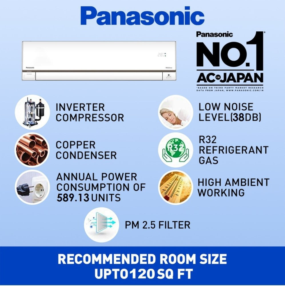 Panasonic 1 Ton 5 Star Split Inverter AC with Wi-fi Connect  - White - CS/CU-HU12YKYF, Copper Condenser