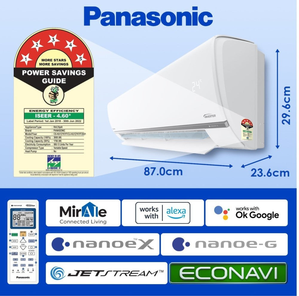 Panasonic 1 Ton 5 Star Split Inverter AC with Wi-fi Connect  - White - CS/CU-HU12YKYF, Copper Condenser