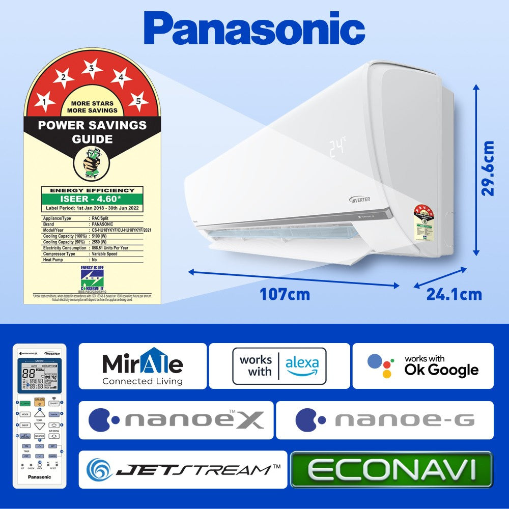 Panasonic 1.5 Ton 4 Star Split Inverter AC with Wi-fi Connect  - White - CS/CU-HU18YKYF, Copper Condenser