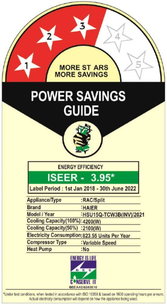 Haier 1.2 Ton 3 Star Split Inverter AC  - White - HS15Q-TCW3B(INV)/HU15-3B(INV), Copper Condenser