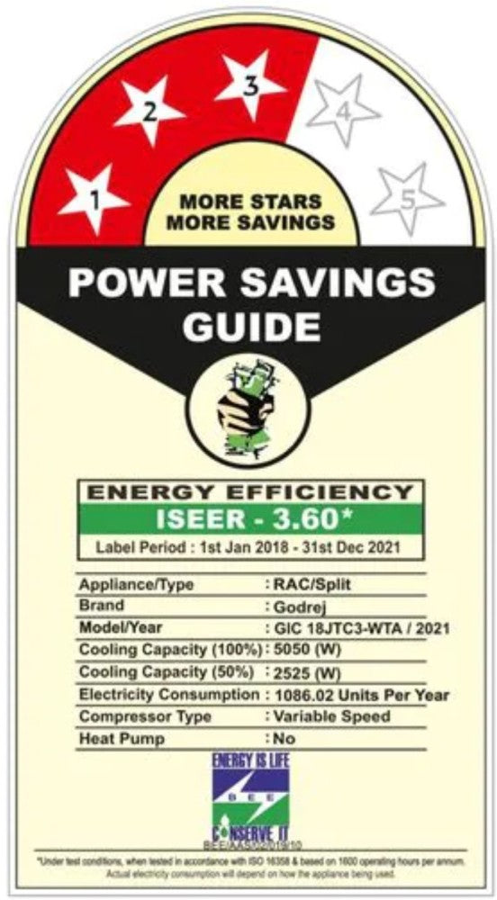 गोदरेज 1.5 टन 3 स्टार स्प्लिट इन्वर्टर एसी - सफेद - GIC18JTC3WTA, कॉपर कंडेनसर
