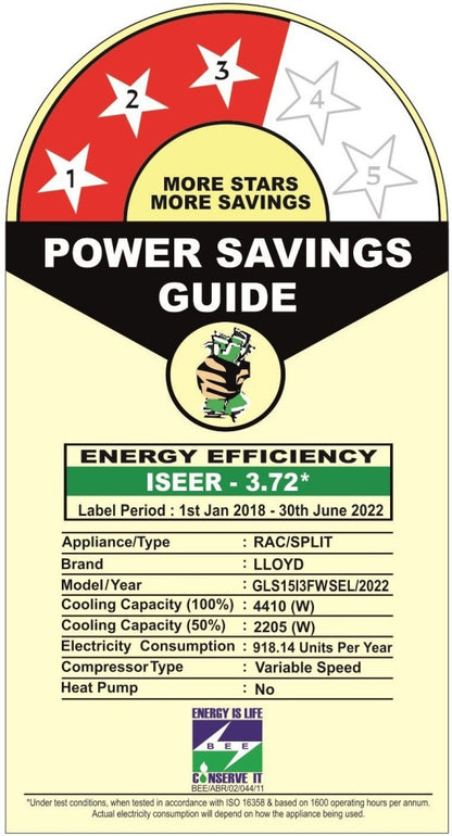 Lloyd 1.2 Ton 3 Star Split Inverter AC  - White - GLS15I3FWSEL, Copper Condenser