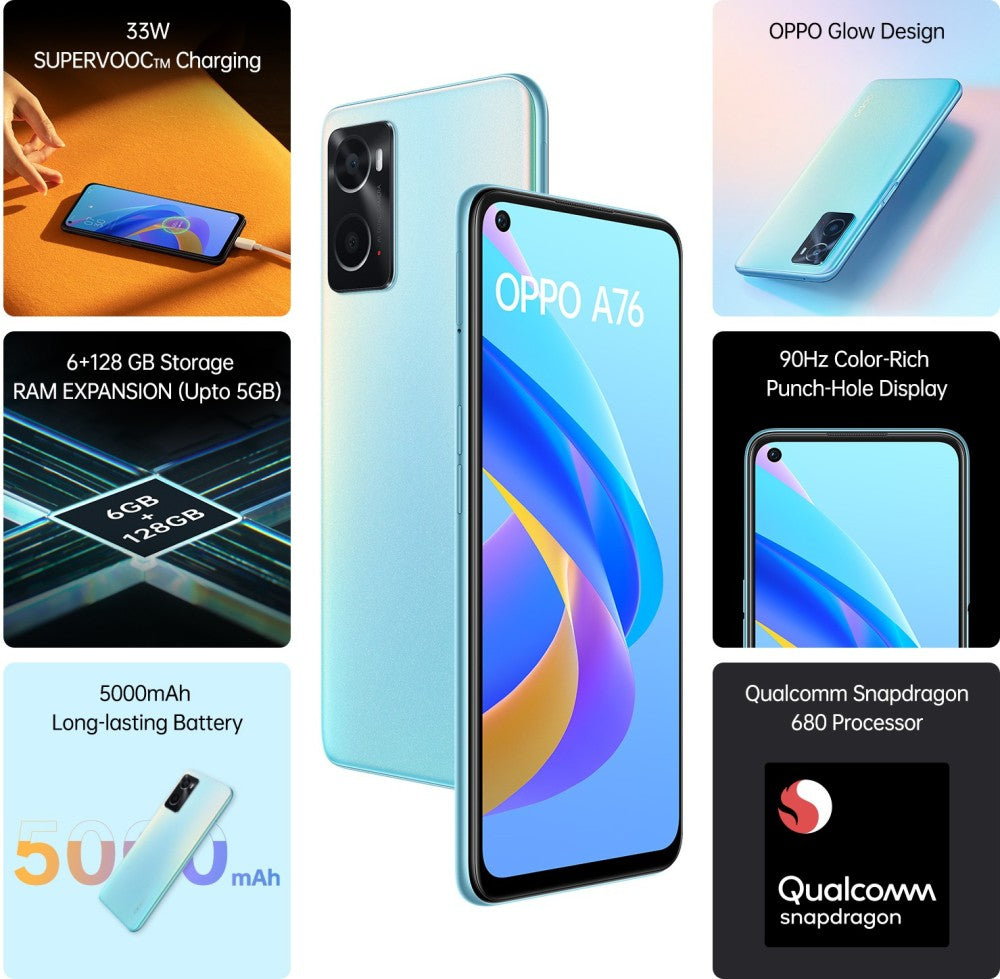 OPPO A76 (Glowing Blue, 128 GB) - 6 GB RAM