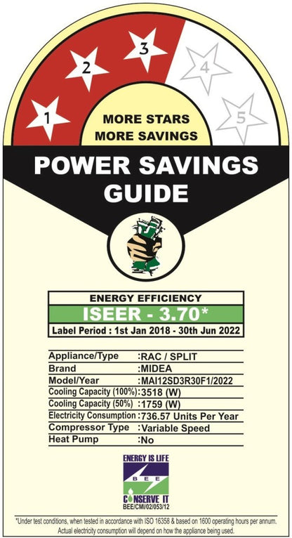 Midea 1 Ton 3 Star Split Inverter AC  - White - 12K 3 Star Santis Neo DLX Inverter R32 Split AC, Copper Condenser