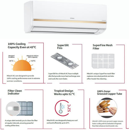 हिटाची 1 टन 3 स्टार स्प्लिट इन्वर्टर एसी - सफेद, सोना - RAFG312HFEOZ1/EAFG312HFEOZ1/CAFG312HFEOZ1/CA312HFEOZ1, कॉपर कंडेनसर