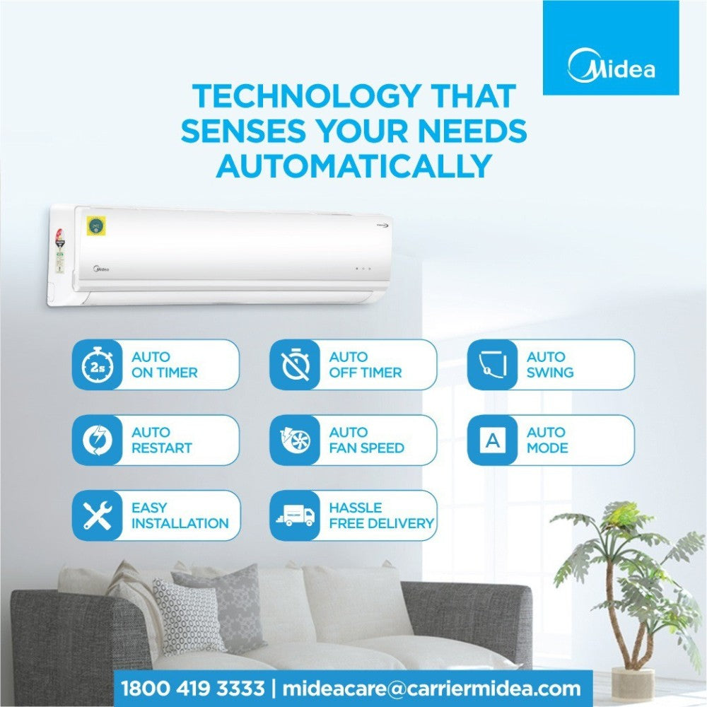 Midea 1 Ton 3 Star Split Inverter AC  - White - 12K 3 Star Santis Neo DLX Inverter R32 Split AC, Copper Condenser