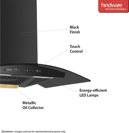 Hindware Ripple 90 Auto Clean Wall Mounted Chimney - Black 1350 CMH