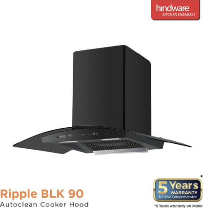 Hindware Ripple 90 Auto Clean Wall Mounted Chimney - Black 1350 CMH