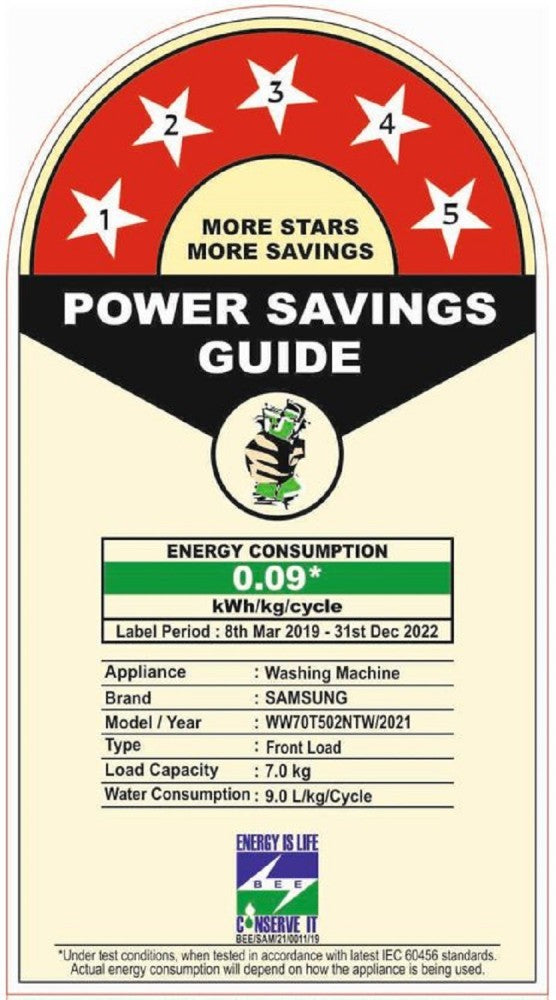 सैमसंग 7 किलो 5 स्टार एआई कंट्रोल, वाई-फाई और डिजिटल इन्वर्टर के साथ इन-बिल्ट हीटर व्हाइट के साथ फुली ऑटोमैटिक फ्रंट लोड वाशिंग मशीन - WW70T502NTW1TL
