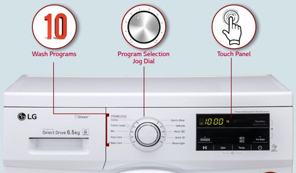 LG 6.5 किग्रा स्टीम और स्मार्ट डायग्नोसिस के साथ इन-बिल्ट हीटर व्हाइट के साथ फुली ऑटोमैटिक फ्रंट लोड वाशिंग मशीन - FHM1065SDW