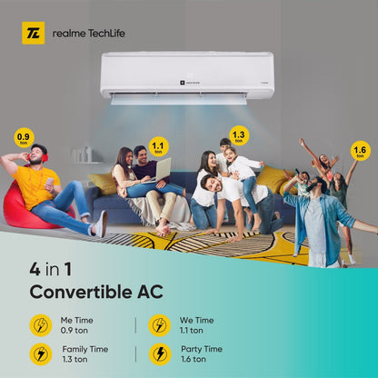 realme TechLife 4-in-1 Convertible 1.5 Ton 5 Star Split Inverter , AC  - White - 155SIAA22WR, Copper Condenser