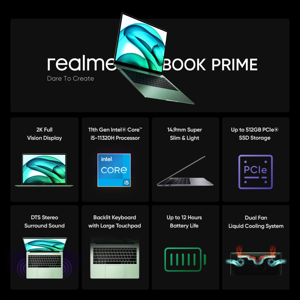 realme Book Prime Core i5 11th Gen - (16 GB/512 GB SSD/Windows 11 Home) CloudPro002 Thin and Light Laptop - 14 inch, Green, 1.37 kg, With MS Office