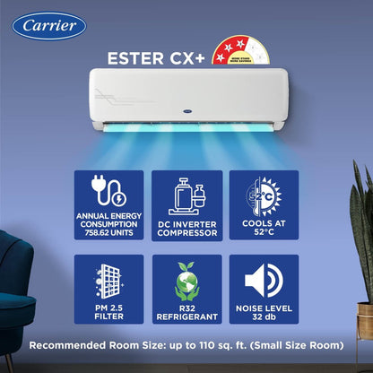 CARRIER 1 टन 3 स्टार स्प्लिट एयर फिल्ट्रेशन हाई डेंसिटी फ़िल्टर AC के साथ - सफ़ेद - 12K 3 स्टार एस्टर Cx+ स्प्लिट AC, कॉपर कंडेंसर