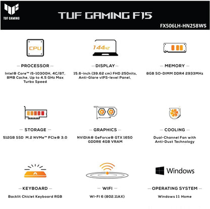 ASUS TUF गेमिंग F15 Core i5 10वीं जेनरेशन - (8GB/512GB SSD/Windows 11 Home/4GB ग्राफ़िक्स/NVIDIA GeForce GTX 1650/144 Hz) FX506LH-HN258WS गेमिंग लैपटॉप - 15.6 इंच, काला प्लास्टिक, 2.30 Kg, MS के साथ कार्यालय