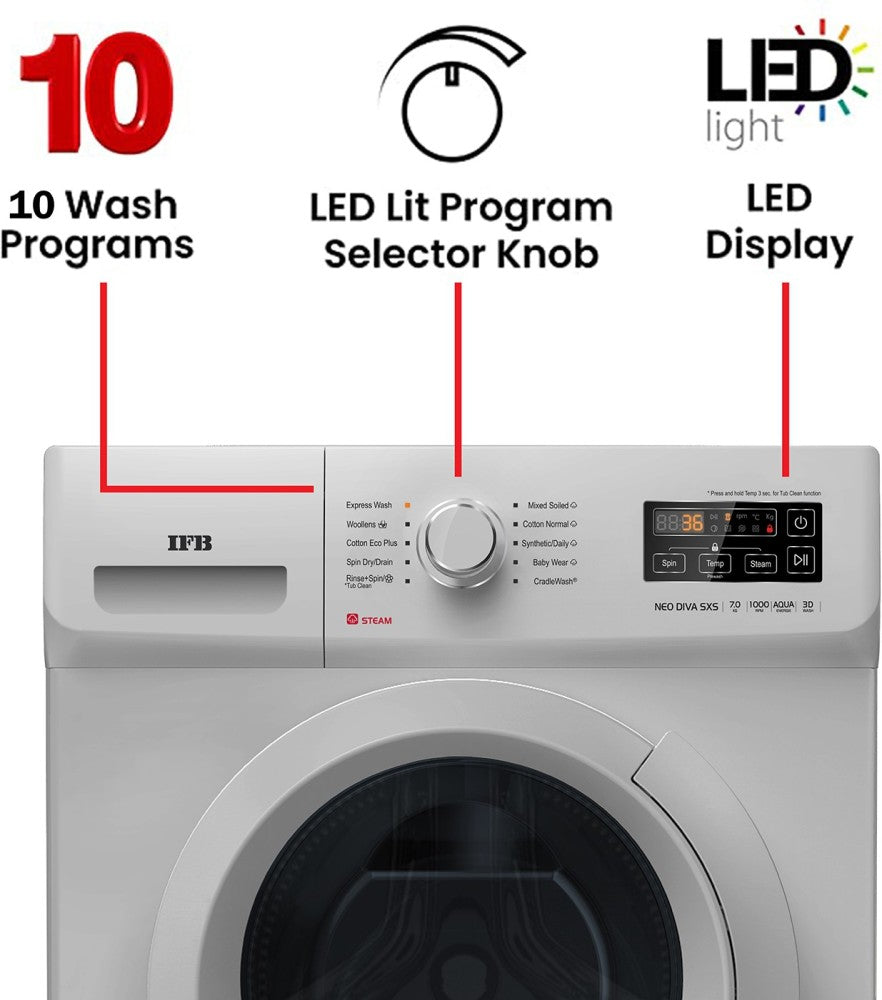 IFB 7 kg Steam Wash Fully Automatic Front Load Washing Machine with In-built Heater Silver - NEO DIVA SXS 7010