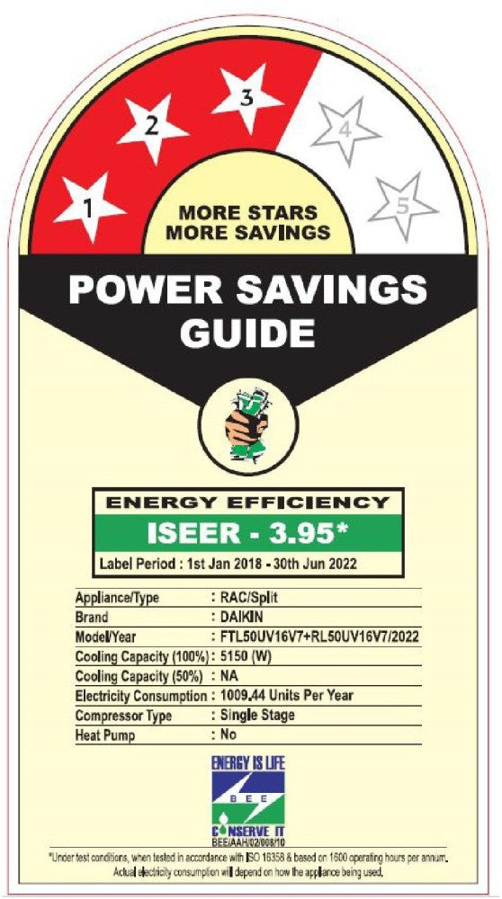 Daikin 1.5 Ton 3 Star Split AC with PM 2.5 Filter  - White - FTL50UV16V7/RL50UV16V7, Alloy Condenser