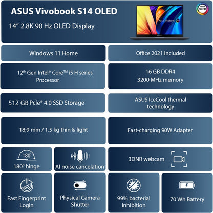 ASUS Vivobook S14 OLED Intel EVO H-Series Core i5 12th Gen - (16 GB/512 GB SSD/Windows 11 Home) S3402ZA-KM502WS पतला और हल्का लैपटॉप - 14 इंच, इंडी ब्लैक, 1.50 किलोग्राम, एमएस ऑफिस के साथ