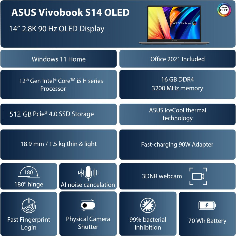 ASUS Vivobook S14 OLED Intel EVO H-Series Core i5 12th Gen - (16 GB/512 GB SSD/Windows 11 Home) S3402ZA-KM501WS पतला और हल्का लैपटॉप - 14 इंच, न्यूट्रल ग्रे, 1.50 किलोग्राम, MS ऑफिस के साथ