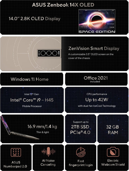 ASUS Zenbook 14X OLED स्पेस एडिशन टचस्क्रीन Intel H-Series Core i9 12th Gen - (32GB/1 TB SSD/Windows 11 Home) UX5401ZAS-KN901WS पतला और हल्का लैपटॉप - 14 इंच, टाइटेनियम, 1.40 kg, MS Office के साथ