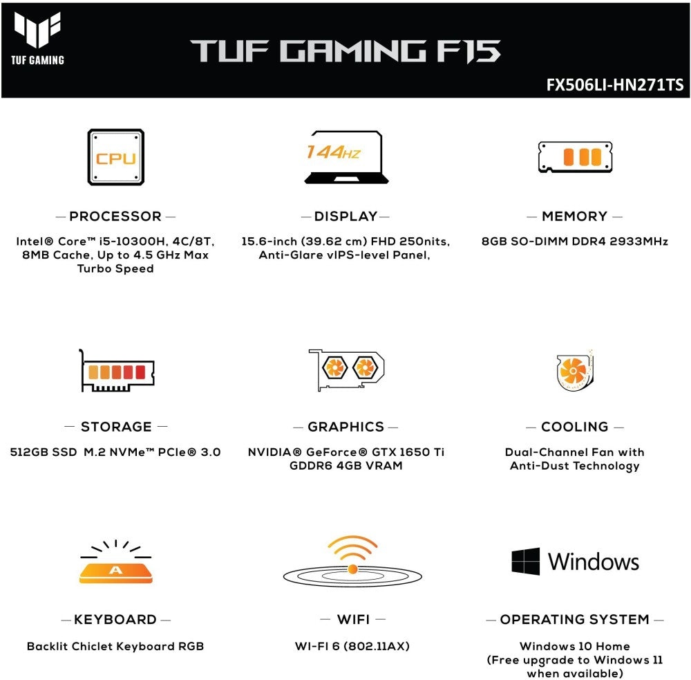 Asus TUF गेमिंग F15 Core i5 10th Gen - (8GB/512GB SSD/Windows 10 Home/4GB ग्राफ़िक्स/NVIDIA GeForce GTX 1650 Ti/144 Hz) FX506LI-HN271TS गेमिंग लैपटॉप - 15.6 इंच, काला प्लास्टिक, 2.3 KG, साथ में एमएस ऑफिस