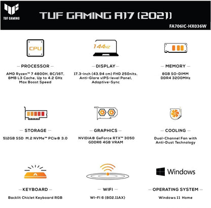 ASUS TUF गेमिंग A17 90Whr बैटरी के साथ Ryzen 7 ऑक्टा कोर AMD R7-4800H - (8 GB/512 GB SSD/Windows 11 Home/4 GB ग्राफ़िक्स/NVIDIA GeForce RTX RTX 3050/144 Hz) FA706ICB-HX061W | FA706IC-HX036W गेमिंग लैपटॉप - 17.3 इंच, ग्रेफाइट ब्लैक, 2.60 किलोग्राम