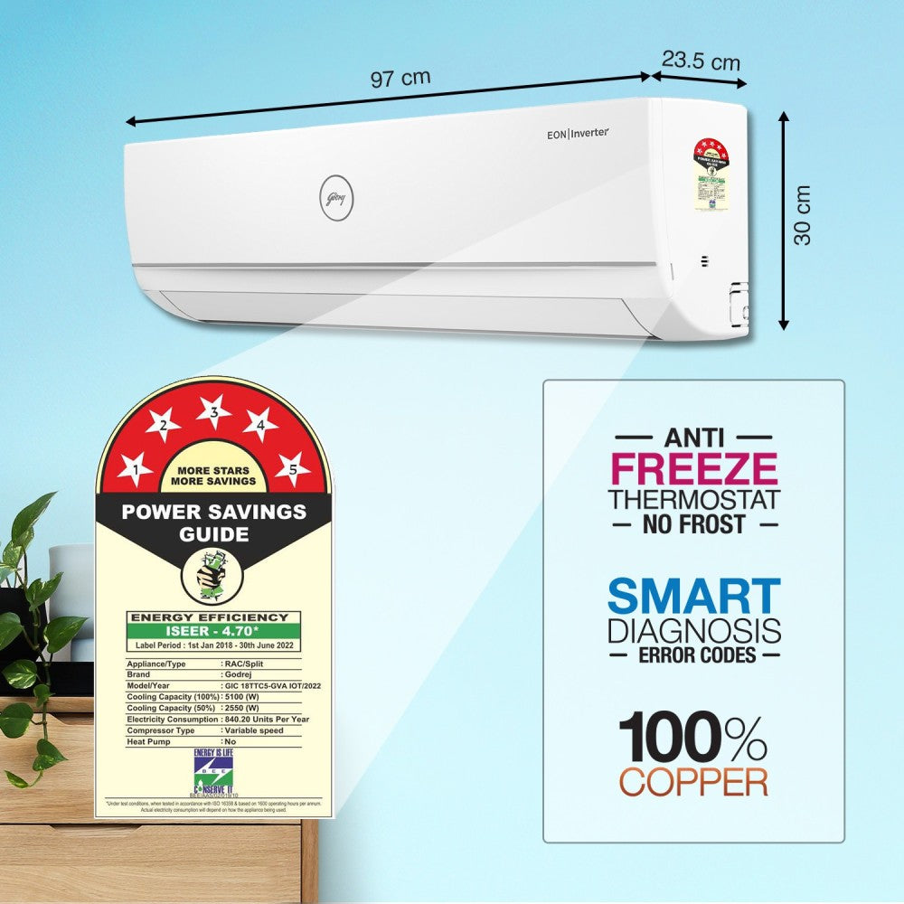 Godrej 1.5 Ton 5 Star Split Inverter AC with Wi-fi Connect  - White, Gold - AC 1.5T GIC 18TTC5-GVA IOT, Copper Condenser