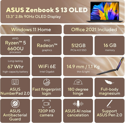 ASUS Zenbook S 13 OLED Ryzen 5 Hexa Core 6600U - (16 GB/512 GB SSD/Windows 11 Home) UM5302TA-LX501WS Thin and Light Laptop - 13.3 Inch, Ponder Blue, 1.10 Kg, With MS Office