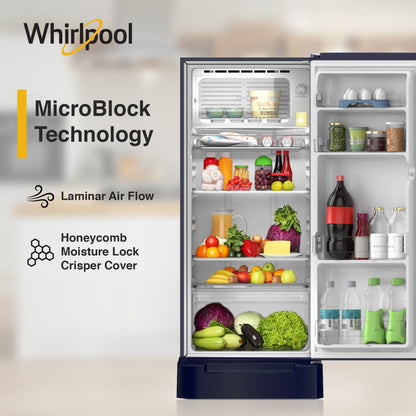 Whirlpool 192 L डायरेक्ट कूल सिंगल डोर 4 स्टार रेफ्रिजरेटर बेस ड्रावर के साथ लैमिनार एयरफ्लो के साथ - नीला, 215 मैजिक कूल रॉय 4S Inv नीला ABYSS-Z