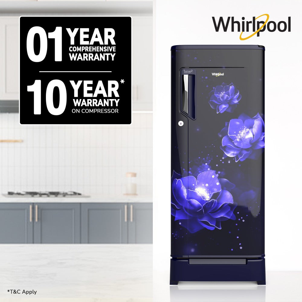 Whirlpool 192 L डायरेक्ट कूल सिंगल डोर 4 स्टार रेफ्रिजरेटर बेस ड्रावर के साथ लैमिनार एयरफ्लो के साथ - नीला, 215 मैजिक कूल रॉय 4S Inv नीला ABYSS-Z