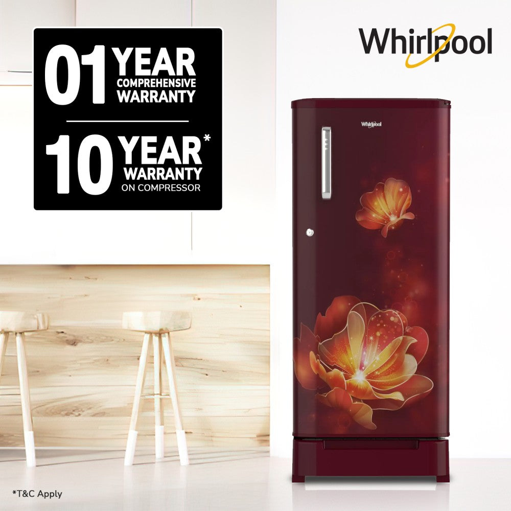 Whirlpool 184 L डायरेक्ट कूल सिंगल डोर 4 स्टार रेफ़्रिजरेटर बेस ड्रावर के साथ Intellisense इन्वर्टर कंप्रेसर - वाइन, 205 मैजिक कूल रॉय 4SInv वाइन रेडियंस-Z