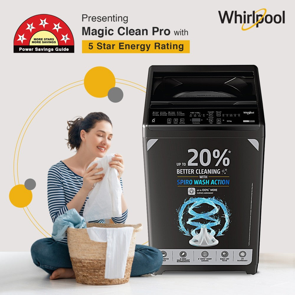 Whirlpool 6 kg Magic Clean 5 Star Fully Automatic Top Load Washing Machine Grey - MAGIC CLEAN 6.0 GENX GREY 5YMW