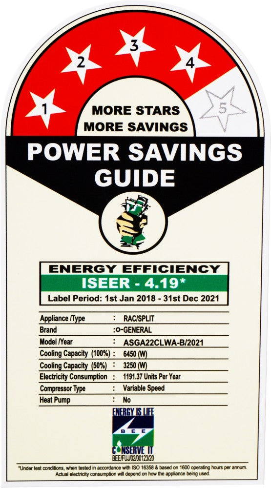 O General 1.8 Ton 4 Star Split Inverter AC  - White - ASGA22CLWA-B, Copper Condenser