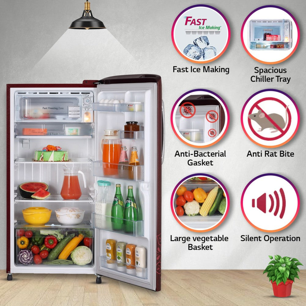 LG 215 L Direct Cool Single Door 5 Star Refrigerator  with Smart Inverter With Smart Connect , Moist 'N' Fresh - Ruby Regal, GL-B221ARRZ