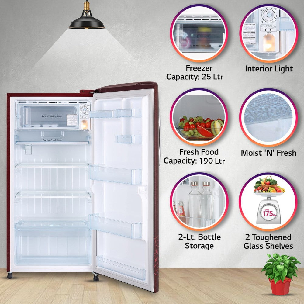 LG 215 L Direct Cool Single Door 5 Star Refrigerator  with Smart Inverter With Smart Connect , Moist 'N' Fresh - Ruby Regal, GL-B221ARRZ