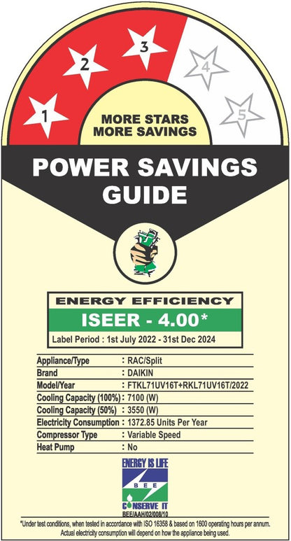 Daikin 2.02 Ton 3 Star Split Inverter AC with PM 2.5 Filter  - White - FTKL71UV16T/RKL71UV16T, Copper Condenser