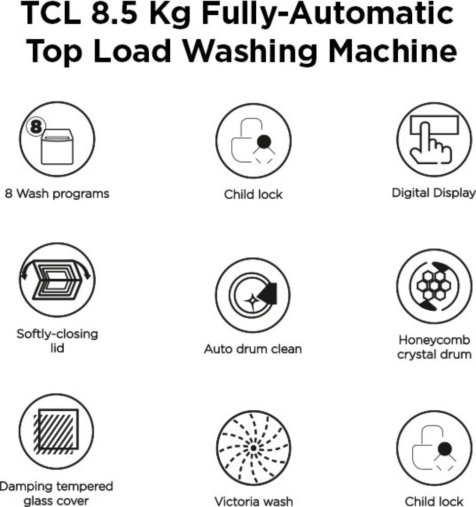 TCL 8.5 kg Fully Automatic Top Load Washing Machine White, Grey - TWA85-F307GM