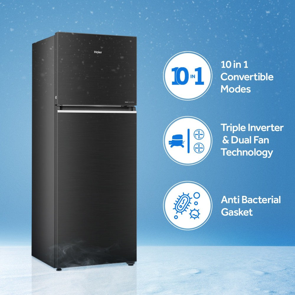 Haier 345 L Frost Free Double Door 3 Star Convertible Refrigerator - Black Brushline, HEF-35TKS