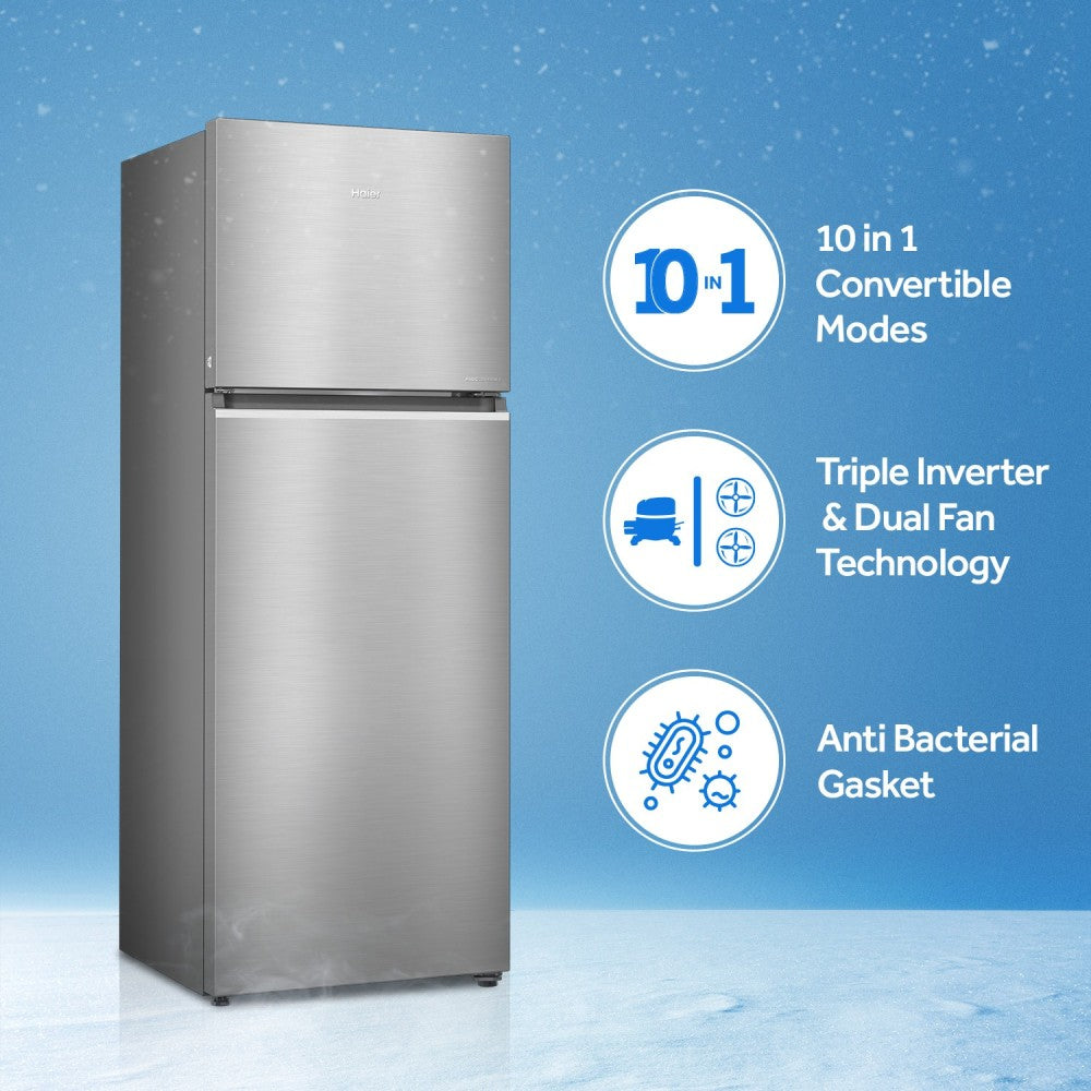 Haier 375 L Frost Free Double Door 3 Star Convertible Refrigerator - Inox Steel, HEF-39TSS