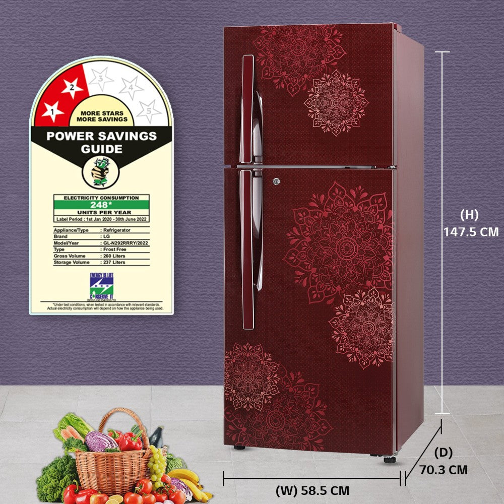 LG 242 L Frost Free Double Door 2 Star Refrigerator - Ruby Regal, GL-N292RRRY