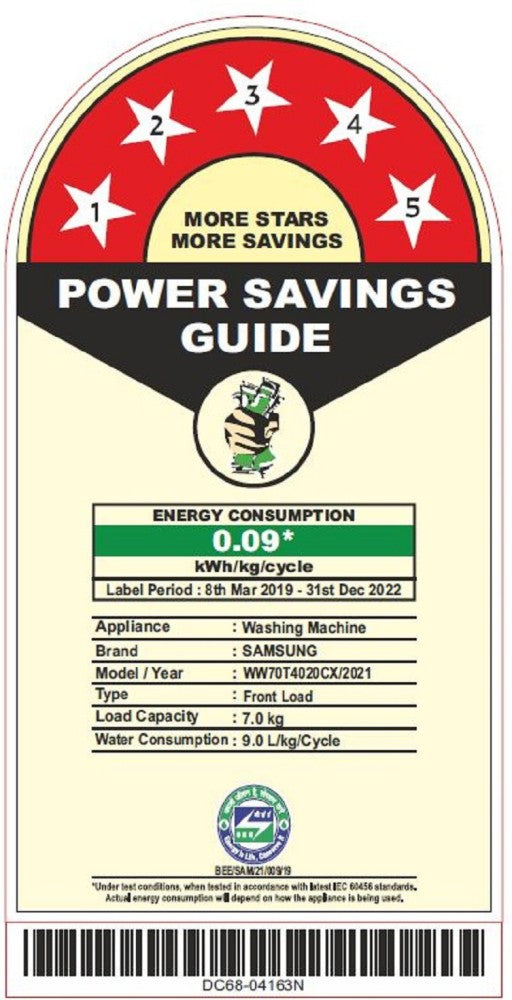 सैमसंग 7 किलो पूरी तरह से स्वचालित फ्रंट लोड वॉशिंग मशीन इन-बिल्ट हीटर के साथ ब्लैक - WW70T4020CX1TL