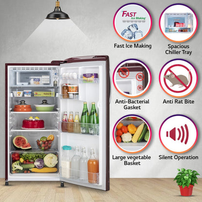 LG 190 L Direct Cool Single Door 5 Star Refrigerator  with Smart Inverter With Smart Connect, Moist 'N' Fresh - Ruby Regal, GL-B201ARRZ