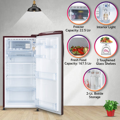 LG 190 L Direct Cool Single Door 5 Star Refrigerator  with Smart Inverter With Smart Connect, Moist 'N' Fresh - Ruby Regal, GL-B201ARRZ