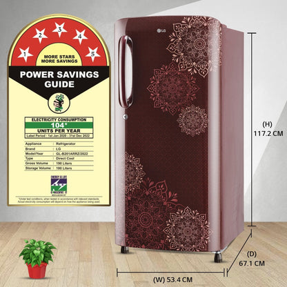 LG 190 L Direct Cool Single Door 5 Star Refrigerator  with Smart Inverter With Smart Connect, Moist 'N' Fresh - Ruby Regal, GL-B201ARRZ