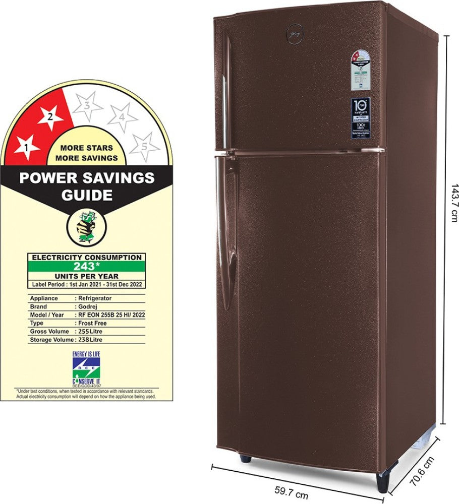 Godrej 255 L Frost Free Double Door 2 Star Refrigerator - Cosmos Brown, RF EON 255B 25 HI CM BR