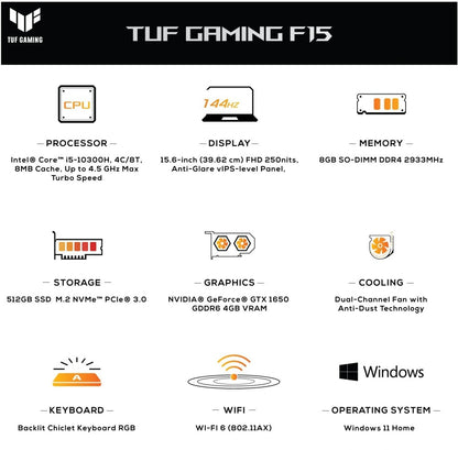 ASUS TUF गेमिंग F15 कोर i5 10वीं पीढ़ी - (8 जीबी/512 जीबी एसएसडी/विंडोज 11 होम/4 जीबी ग्राफिक्स/NVIDIA GeForce GTX 1650/144 हर्ट्ज) FX506LHB-HN355W | FX506LH-HN258W गेमिंग लैपटॉप - 15.6 इंच, ब्लैक प्लास्टिक, 2.30 किलोग्राम