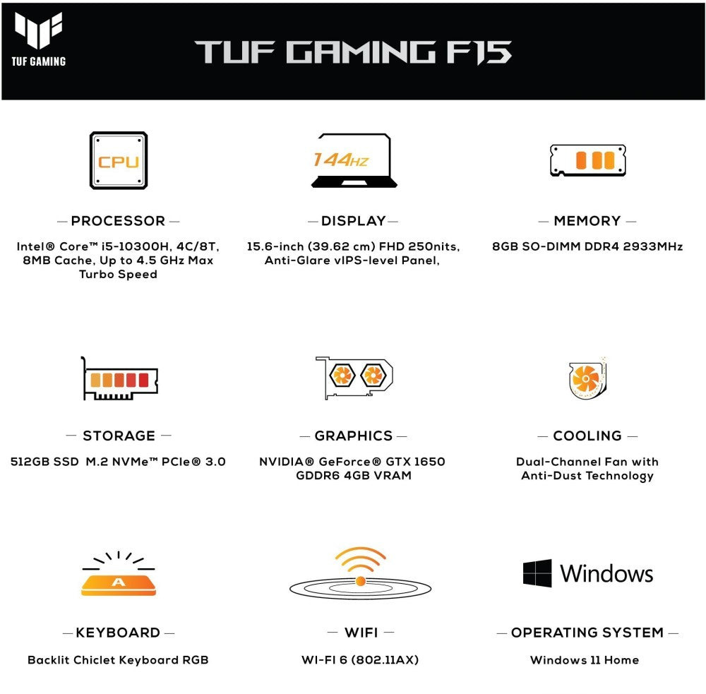 Asus TUF गेमिंग F15 Core i5 10th Gen - (8GB/512GB SSD/Windows 10 Home/4GB ग्राफ़िक्स/NVIDIA GeForce GTX 1650/144 Hz) FX506LH-HN258T गेमिंग लैपटॉप - 15.6 इंच, काला प्लास्टिक, 2.3 KG